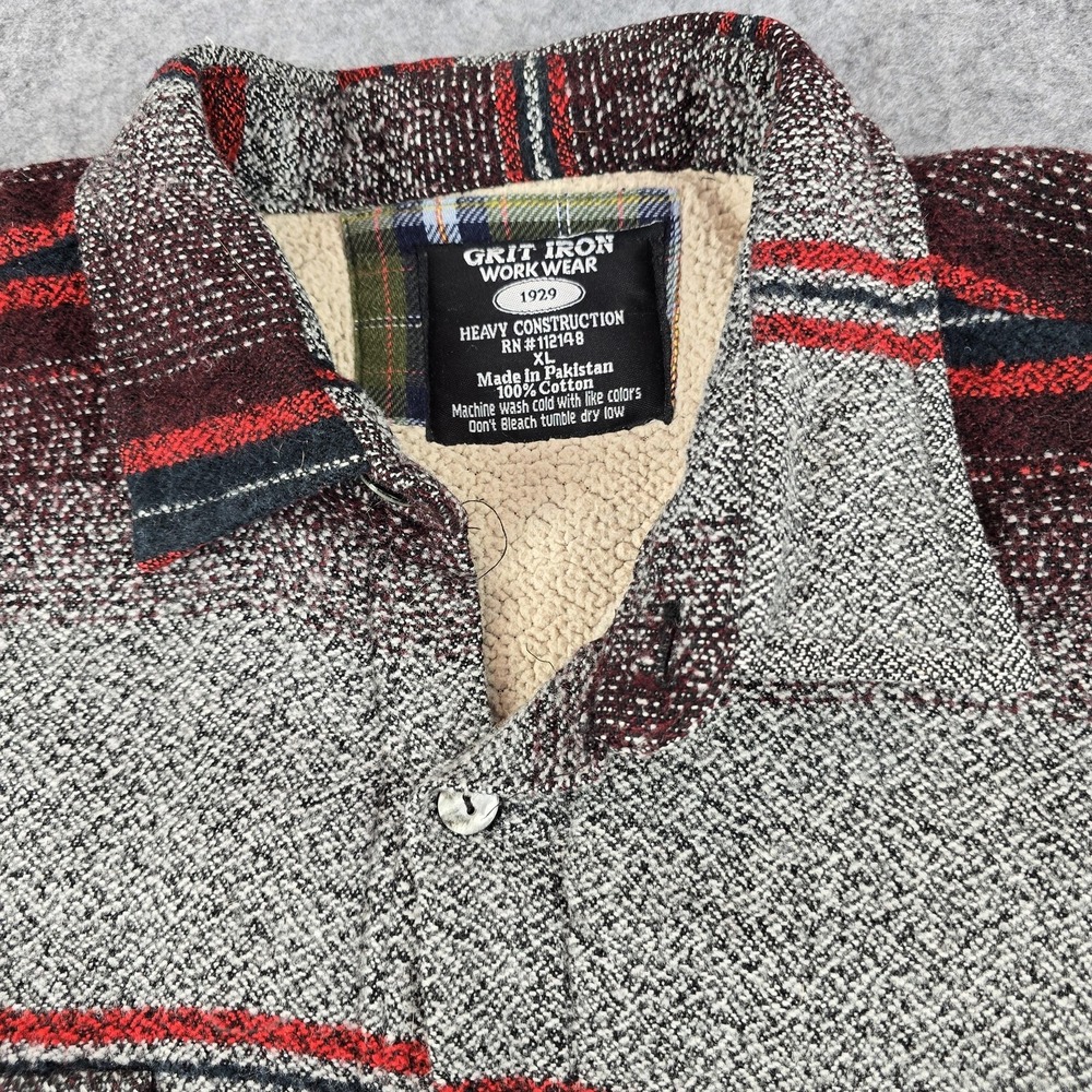 Grit Iron Work Wear Jacket Mens XL Red Gray Striped Sherpa Lined Flannel Western